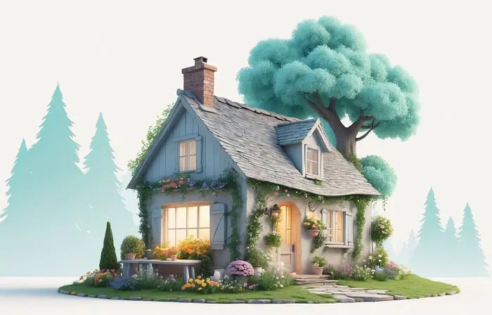 Old-Fashioned Cottage Realistic 3D Graphic Illustration